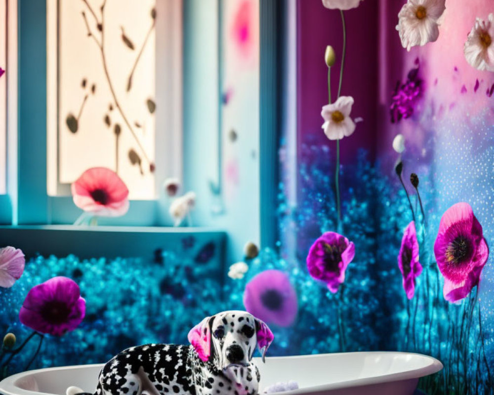 Dalmatian with pink bowtie in bathtub surrounded by pink flowers and cosmos-themed backdrop