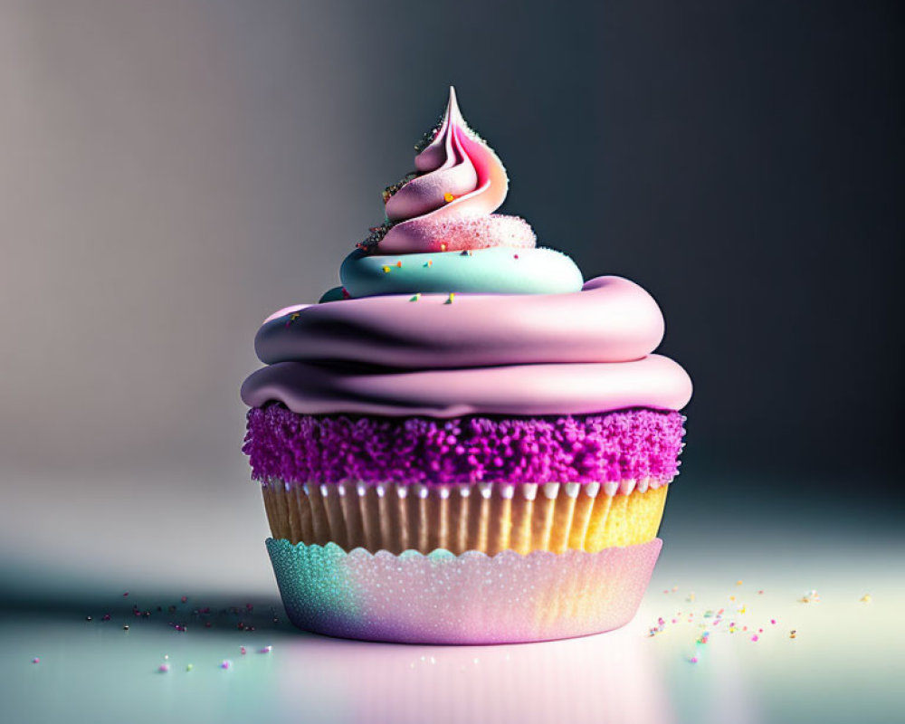 Colorful Cupcake with Pink and Blue Swirled Icing and Sprinkles