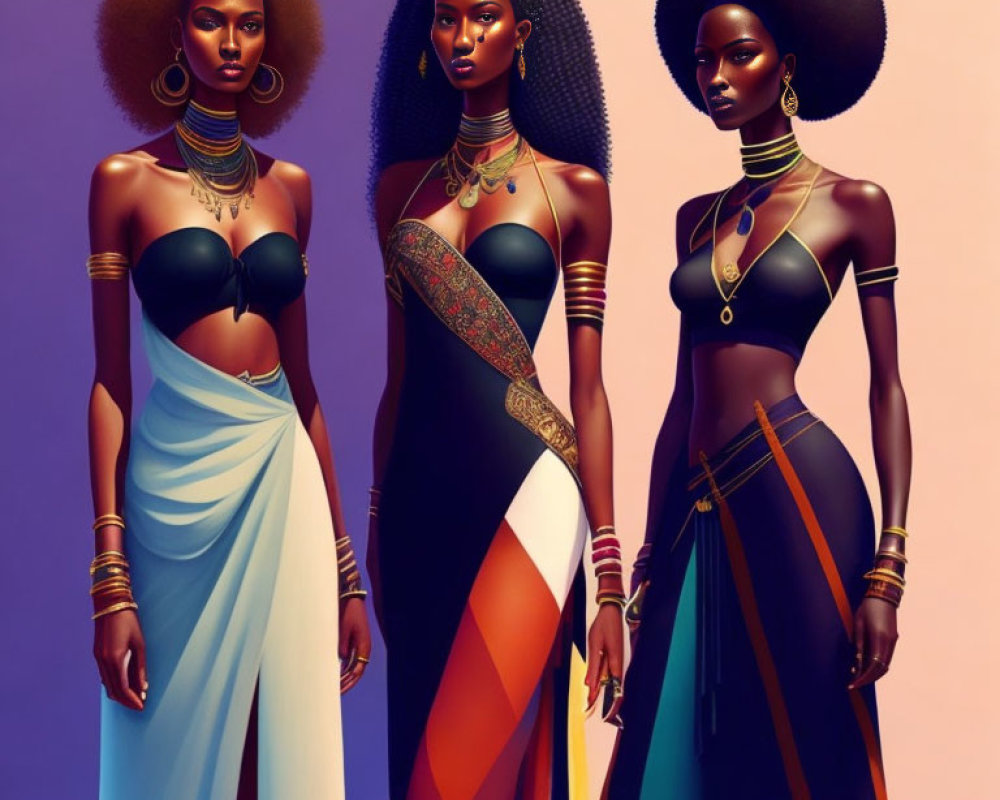 Stylized women in afro hairstyles and vibrant African attire