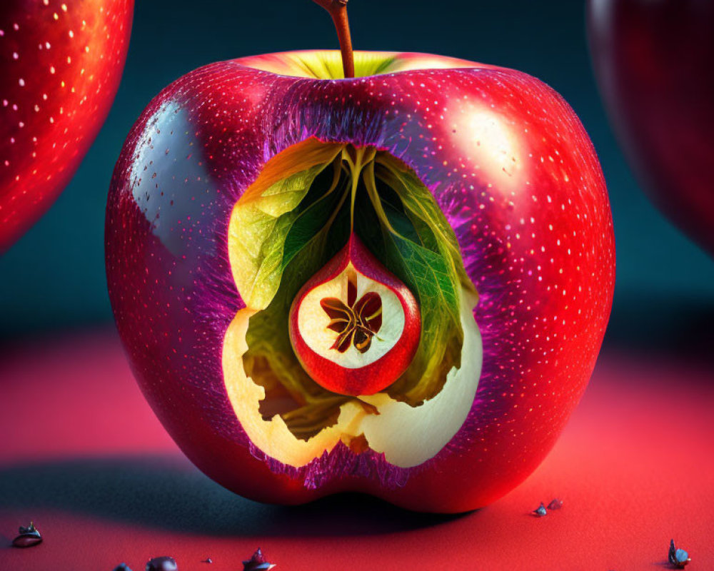 Vibrant red apple with creative cutaway showcasing layers of fruit inside