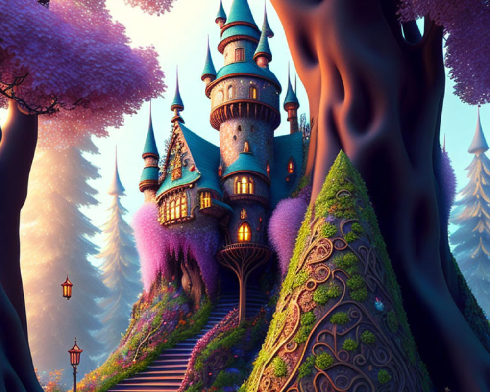 Whimsical castle in vibrant purple foliage at twilight