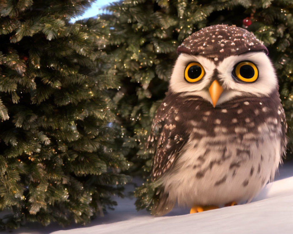 Cartoon-style owl in snowy Christmas scene with large yellow eyes