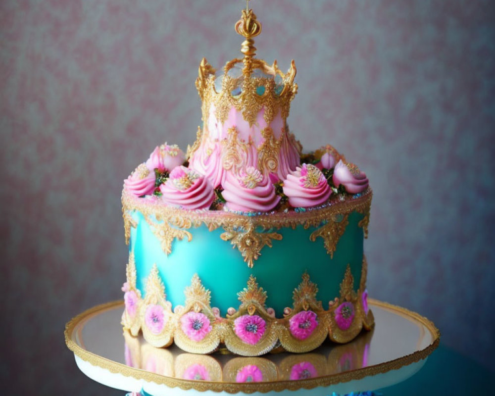 Blue and Pink Crown Cake with Edible Gold Accents on Gold Stand