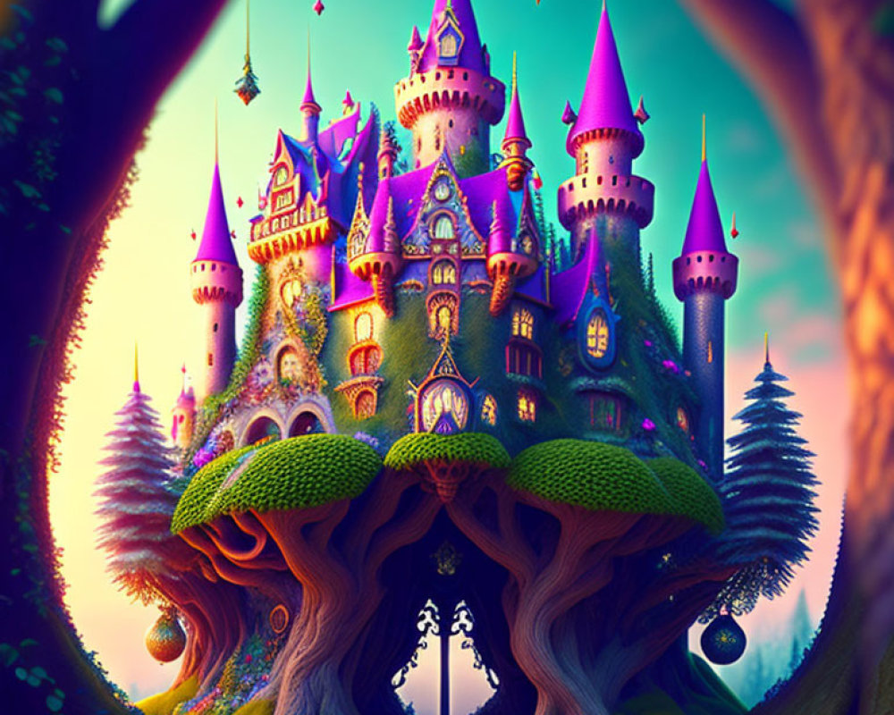 Fantastical castle with purple spires in magical forest