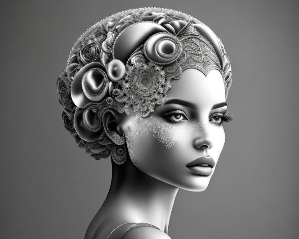 Monochrome image of woman with intricate steampunk hairstyles