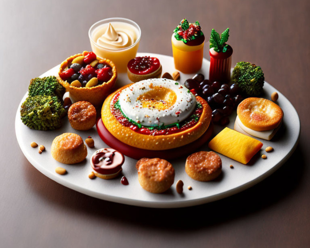 Assorted snacks: dips, crackers, cheese, olives, and veggies on gray plate