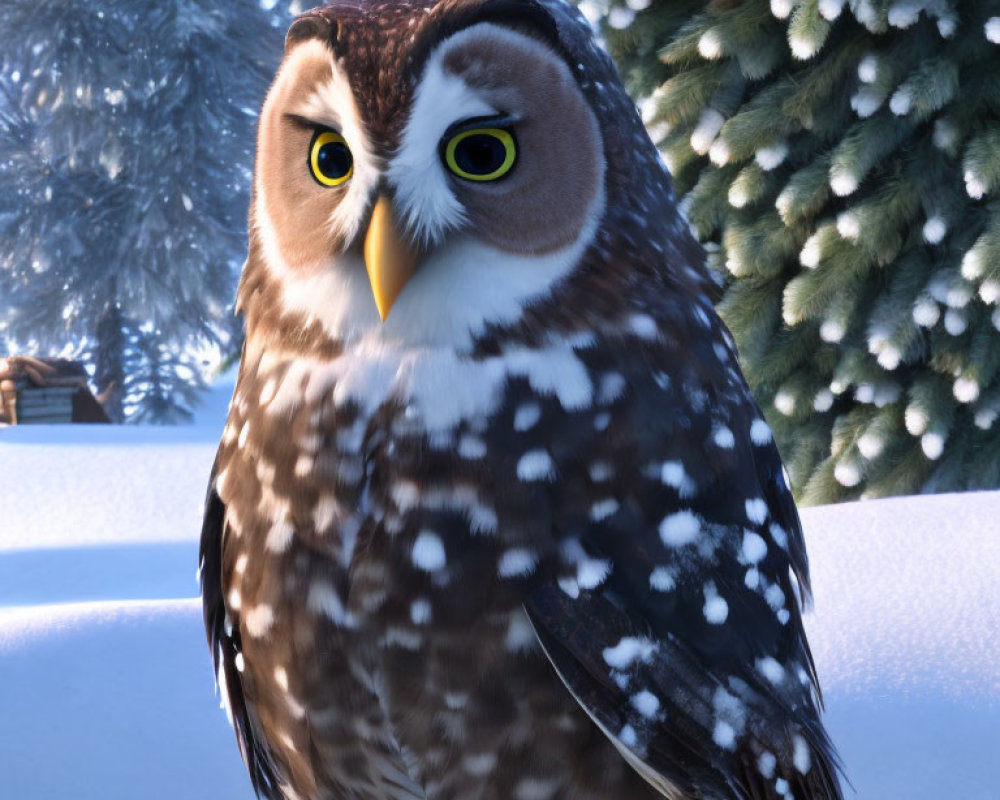 Spotted owl with yellow eyes in snowy landscape with pine trees