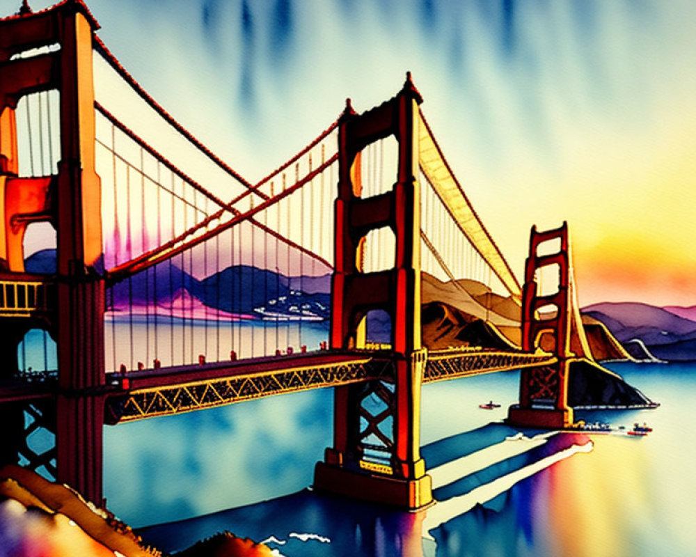 Vivid Sunset Illustration: Golden Gate Bridge in Stylized Colors