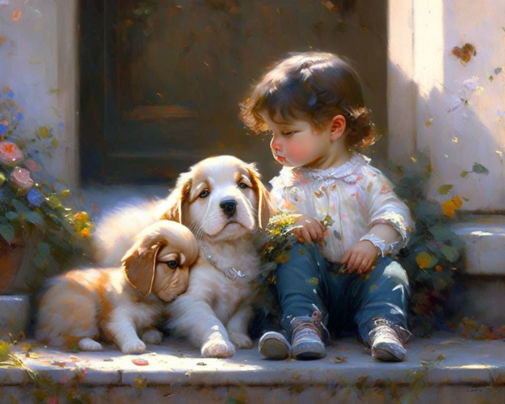 Child with puppies on sunlit doorstep surrounded by greenery and flowers.