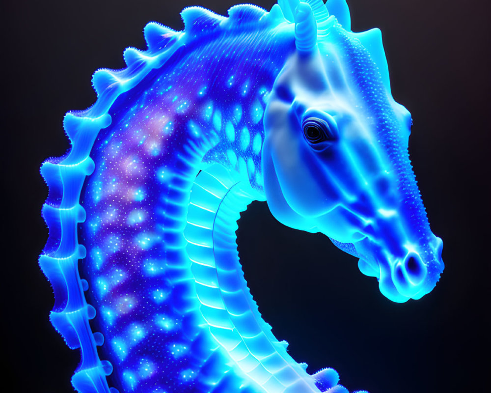 Vibrant blue digital artwork: seahorse with unicorn horn