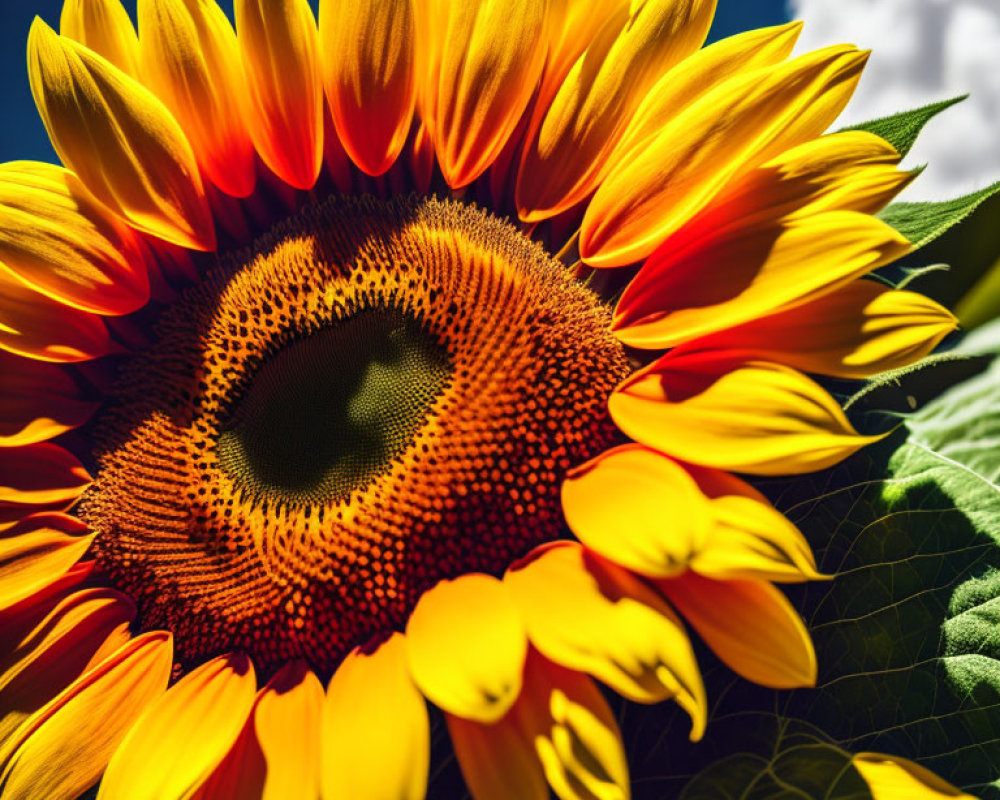 Bright Yellow Sunflower Against Blue Sky with White Clouds