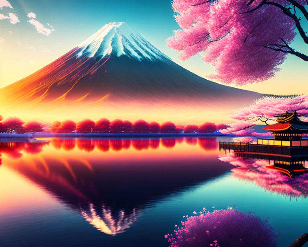 Scenic Mount Fuji sunset with cherry blossoms and reflection in calm water.