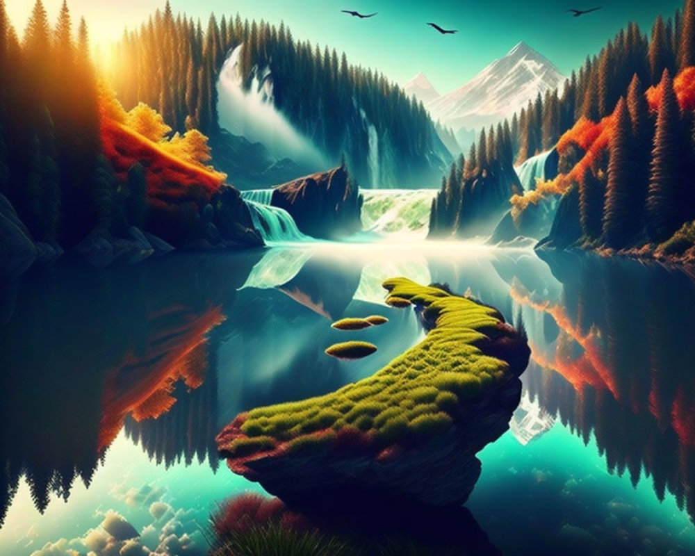 Serene waterfall digital artwork with autumn trees and mountain