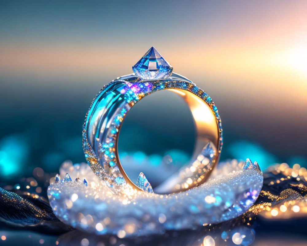 Blue gemstone ring on glittering surface with bokeh background