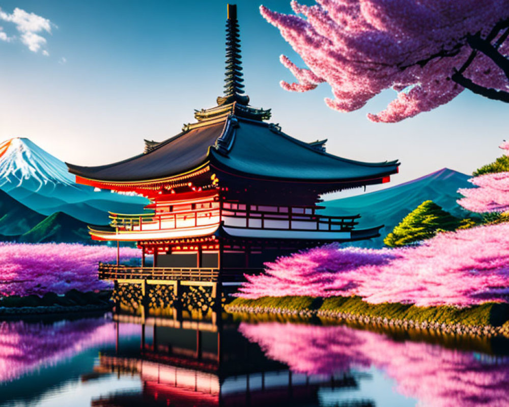 Traditional Japanese pagoda with Mount Fuji, cherry blossoms, and calm waters