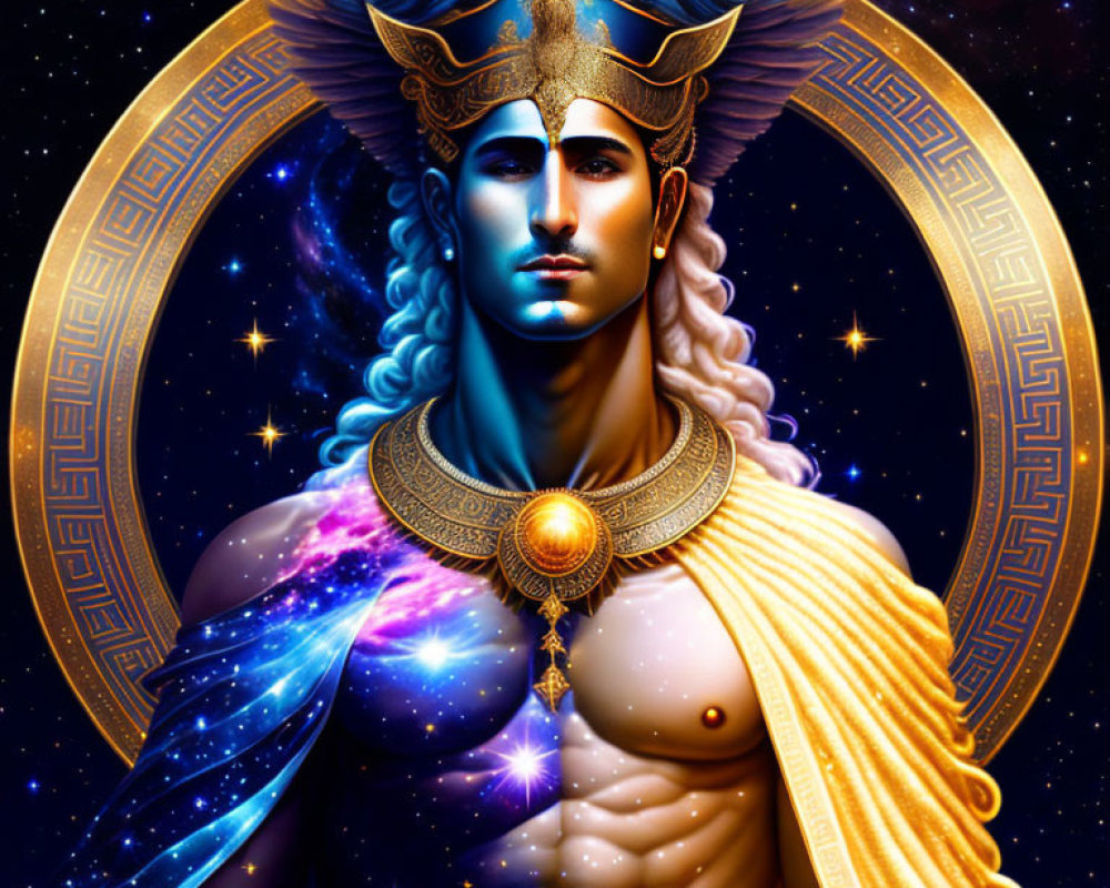 Blue-skinned cosmic deity adorned with golden headdress and jewelry in starry space.