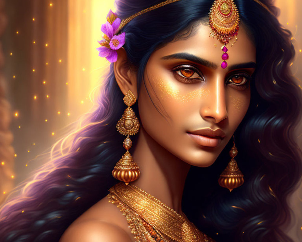 Intricate gold jewelry on woman in digital portrait