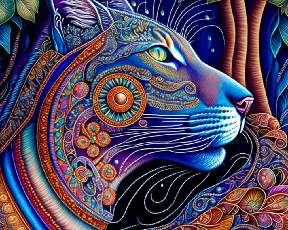 Colorful Psychedelic Cat Artwork with Swirling Patterns and Mystical Gaze