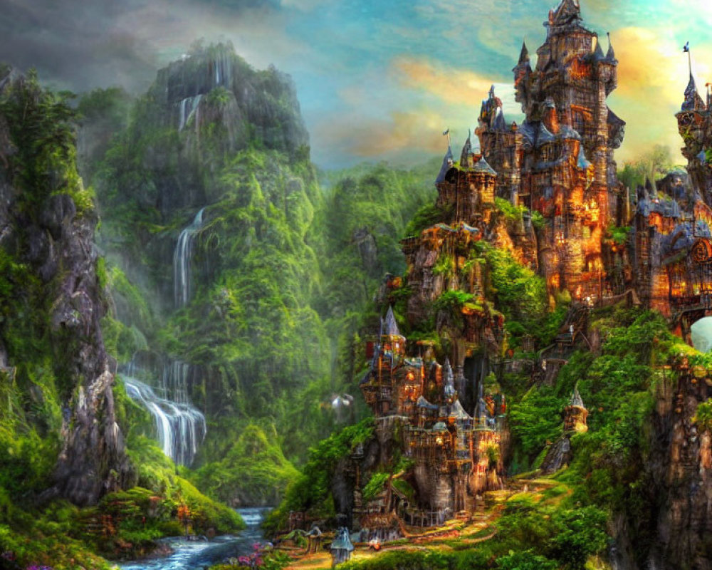 Majestic Castle in Lush Mountain Landscape with Waterfalls