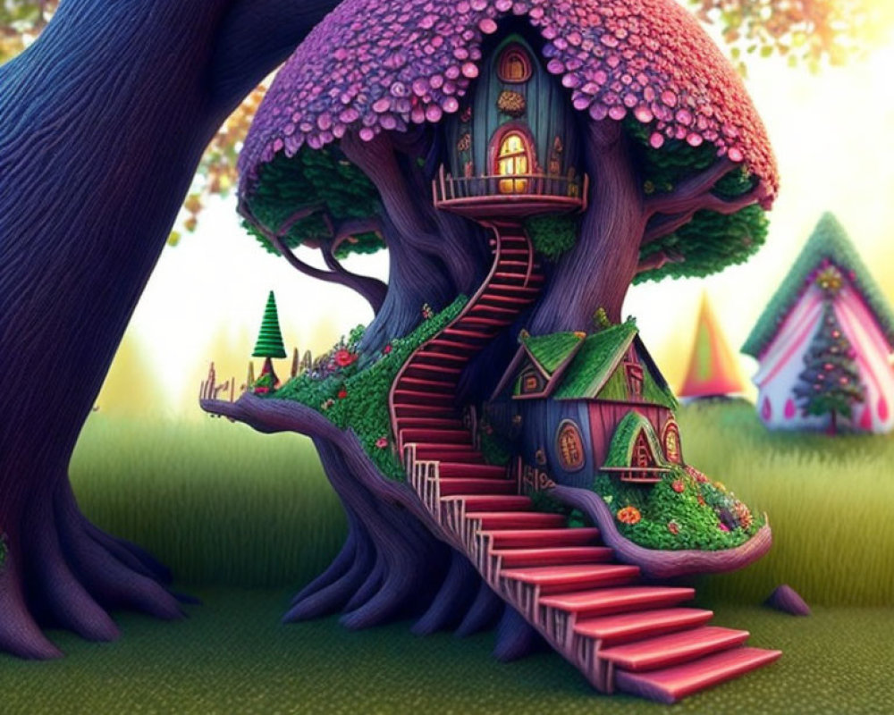 Vibrant fantasy treehouse with pink blossoms & spiraling staircase