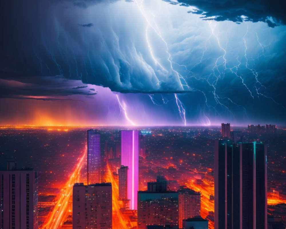 Cityscape illuminated by vivid lightning strikes