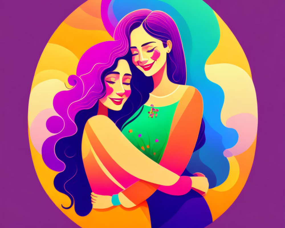 Stylized women embracing with vibrant hair on purple background