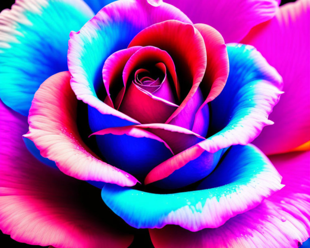 Vibrant blue, pink, and purple rose on dark background