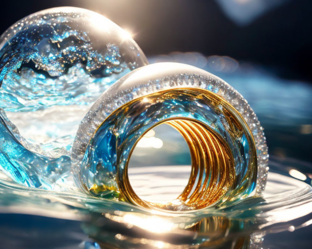 Close-Up Sparkling Diamond Ring with Water Droplets and Reflective Sphere