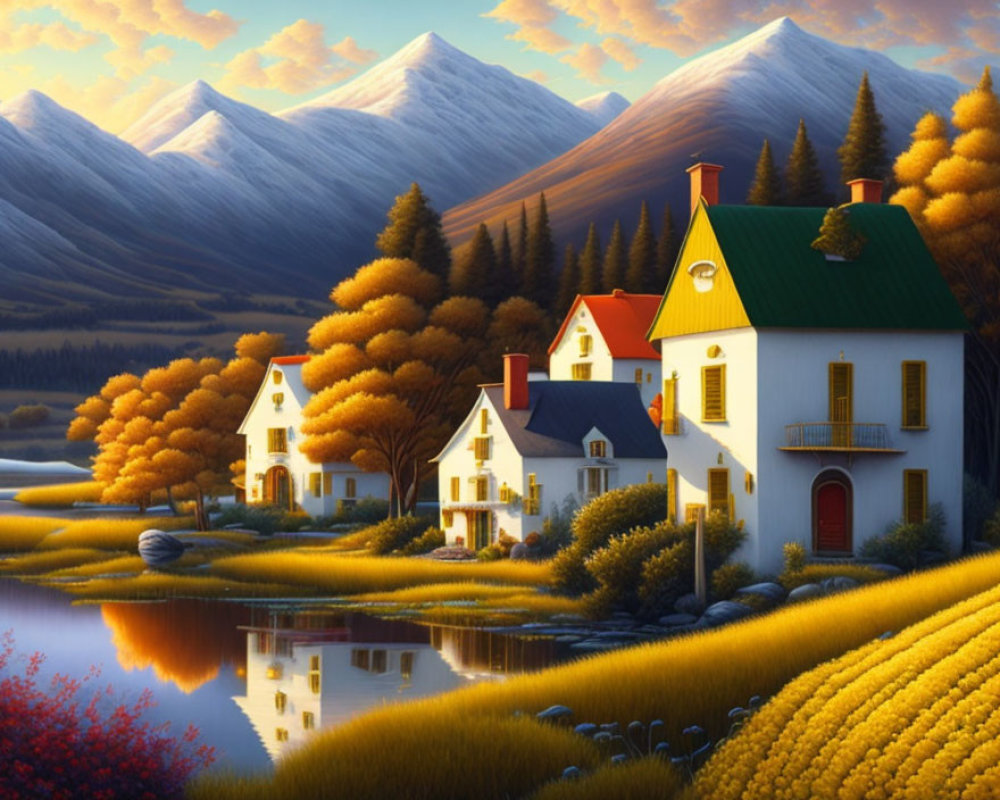 Tranquil autumn scene: cottages, reflective lake, golden trees, snow-capped mountains at