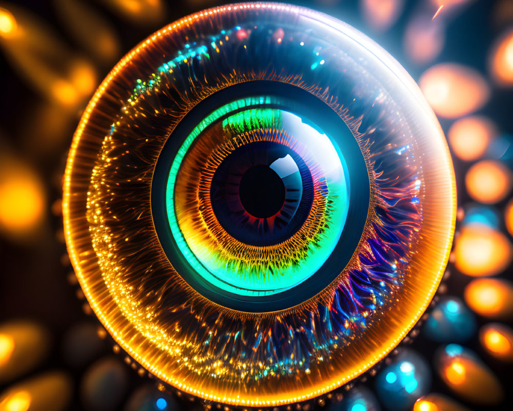 Detailed digital artwork: Human eye with intricate patterns on luminous background