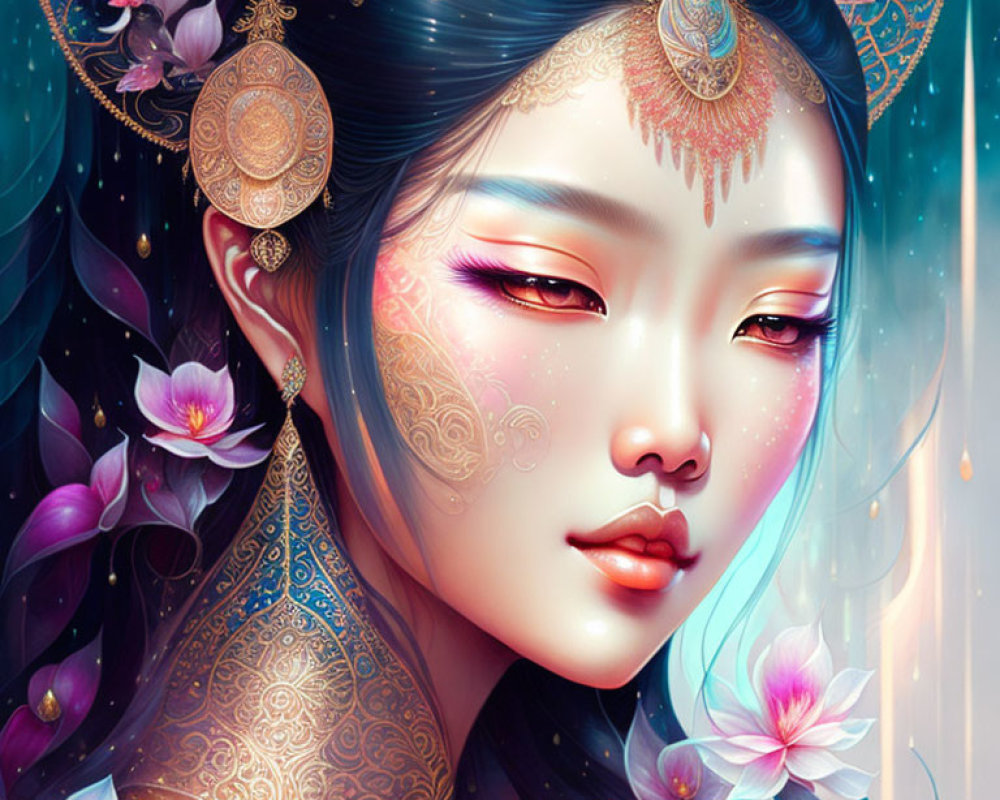 Illustration of ethereal woman with blue hair, gold jewelry, and pink blossoms.