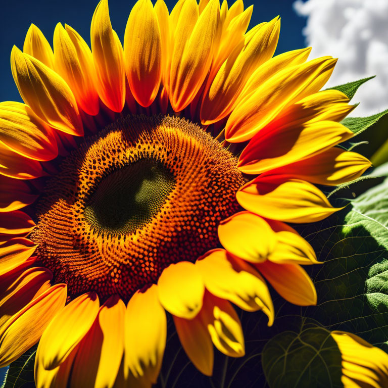 Bright Yellow Sunflower Against Blue Sky with White Clouds