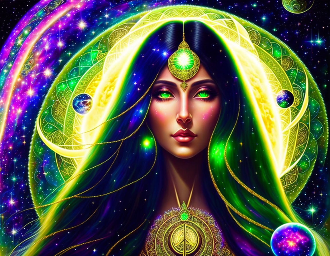 Vibrant green-haired woman in cosmic setting.