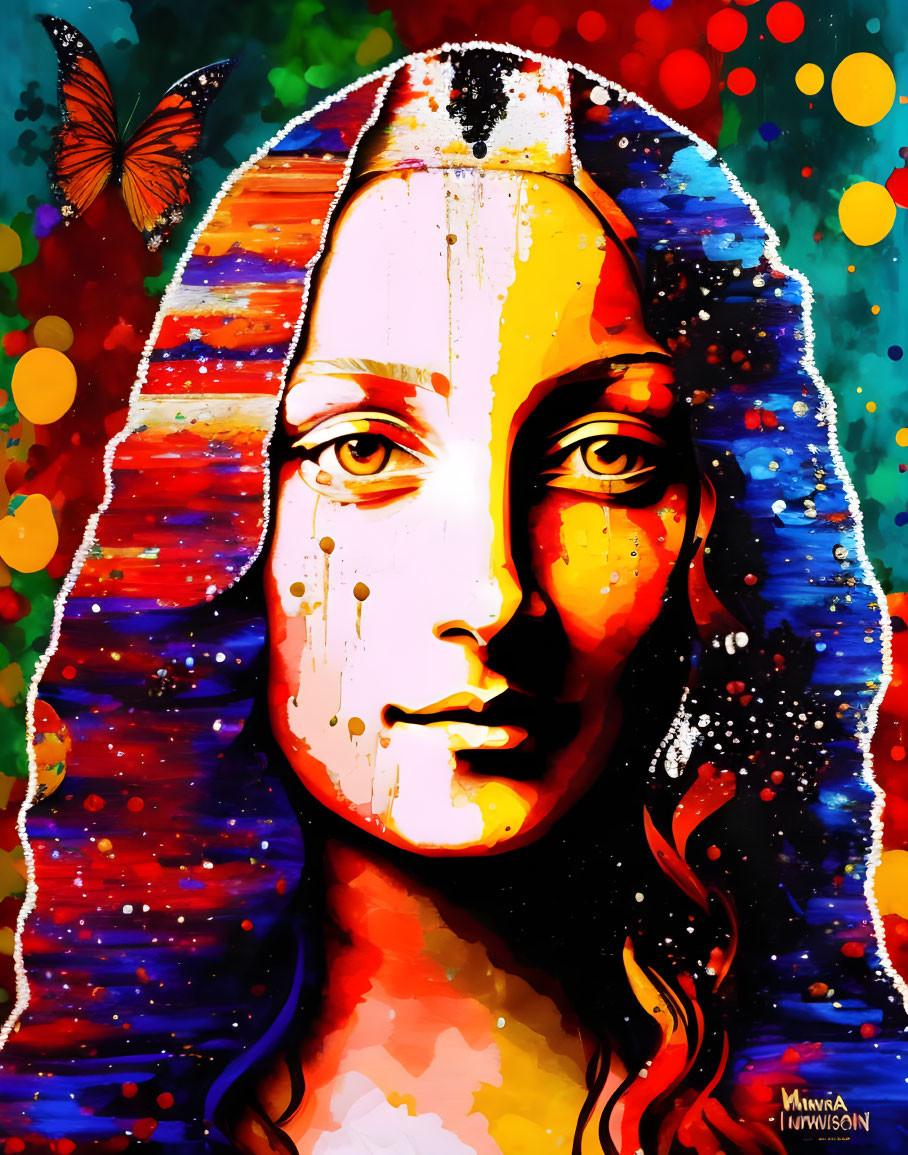 Vibrant Mona Lisa painting with butterfly and colorful splashes