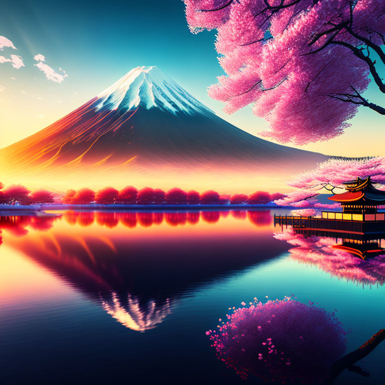 Scenic Mount Fuji sunset with cherry blossoms and reflection in calm water.