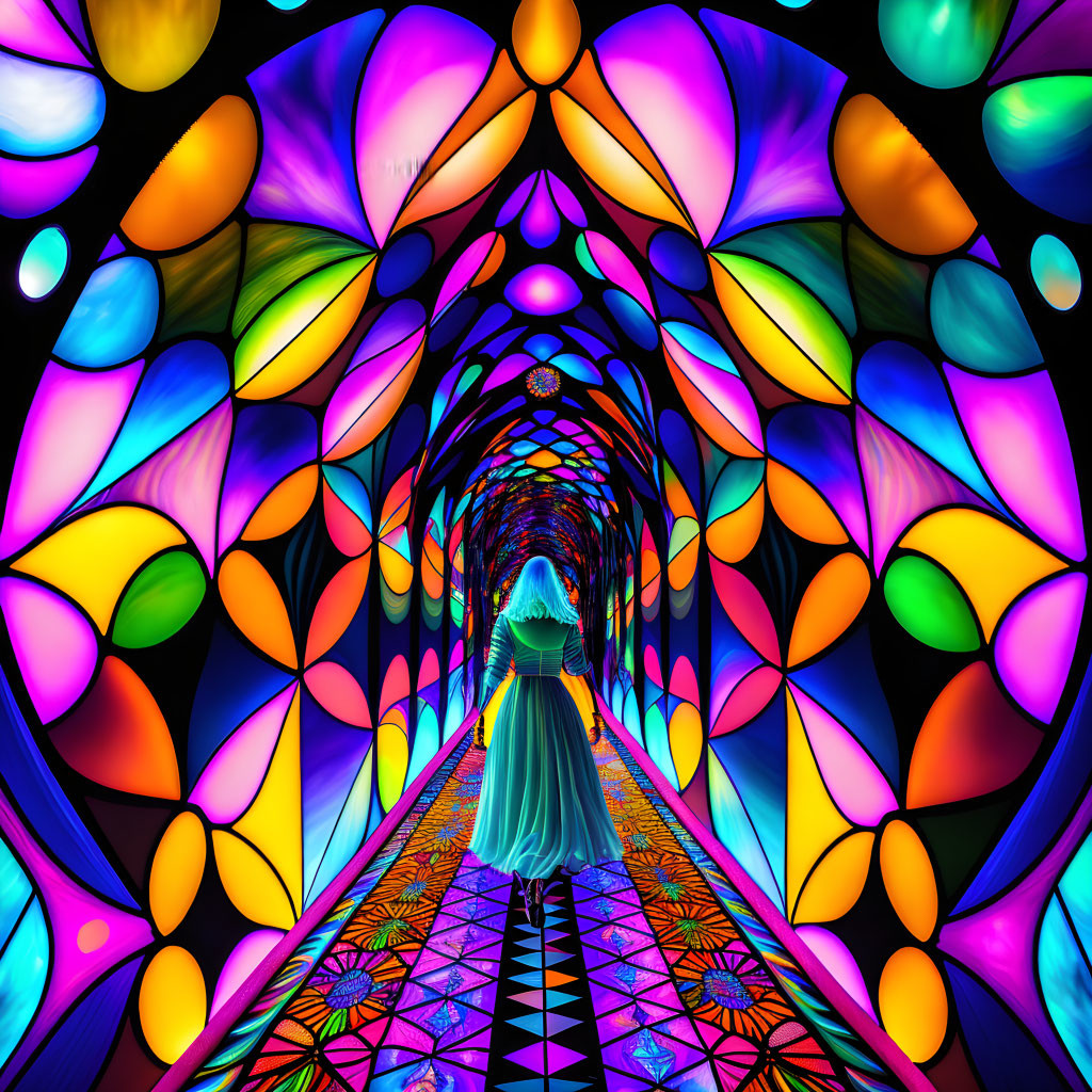 Person in Blue Dress in Vibrant Psychedelic Tunnel with Multicolored Patterns