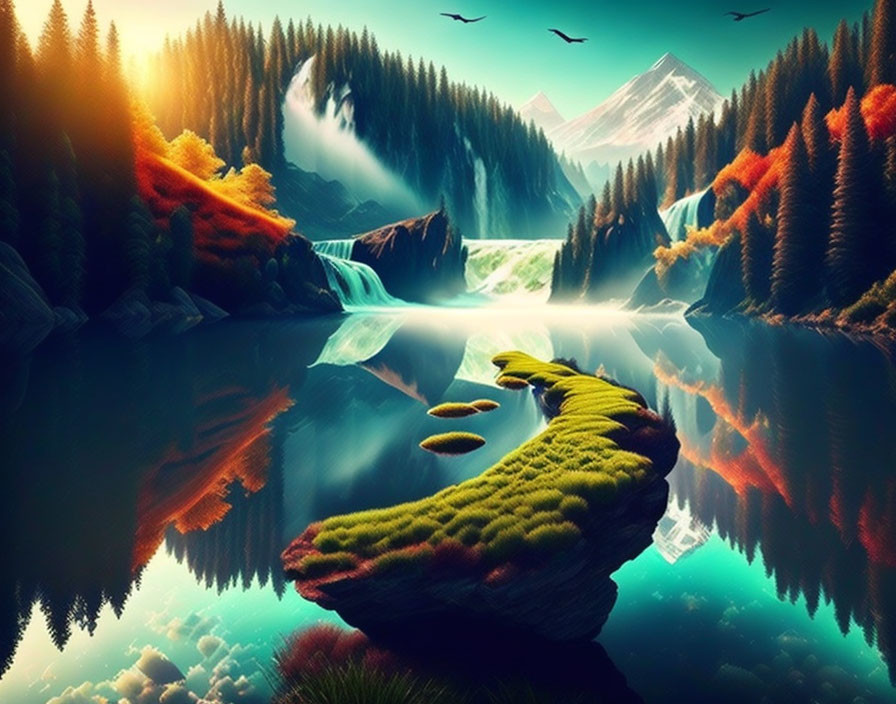 Serene waterfall digital artwork with autumn trees and mountain