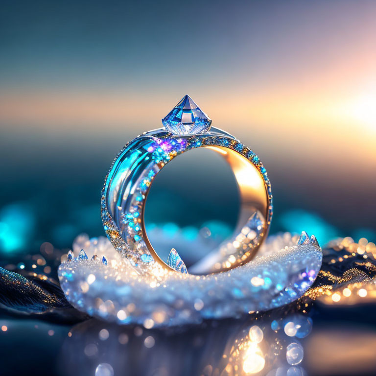 Blue gemstone ring on glittering surface with bokeh background