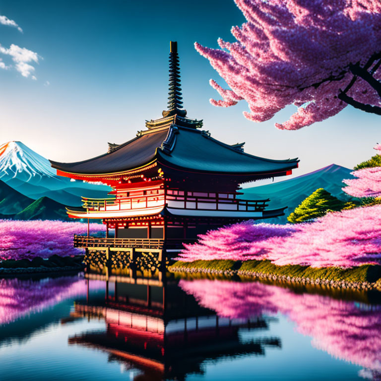 Traditional Japanese pagoda with Mount Fuji, cherry blossoms, and calm waters