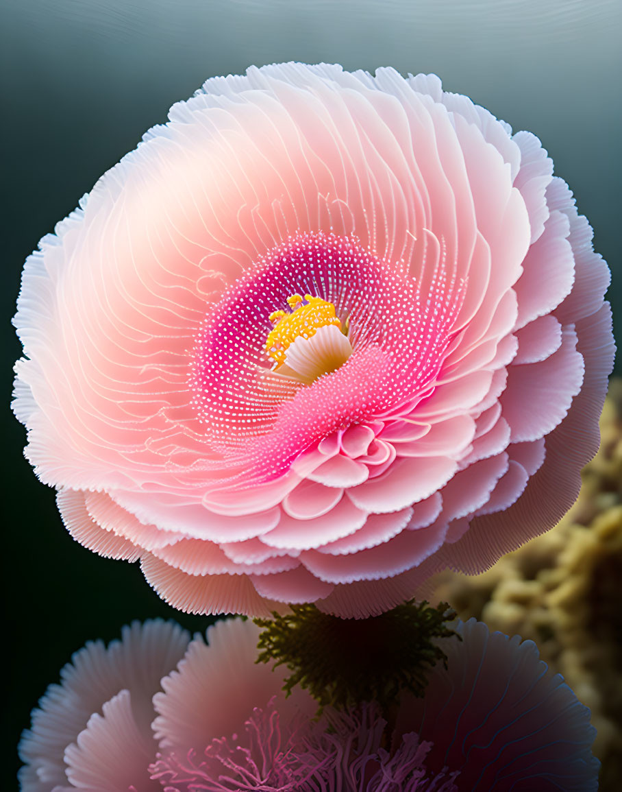 Pink layered flower with yellow center and dotted patterns on blurred background