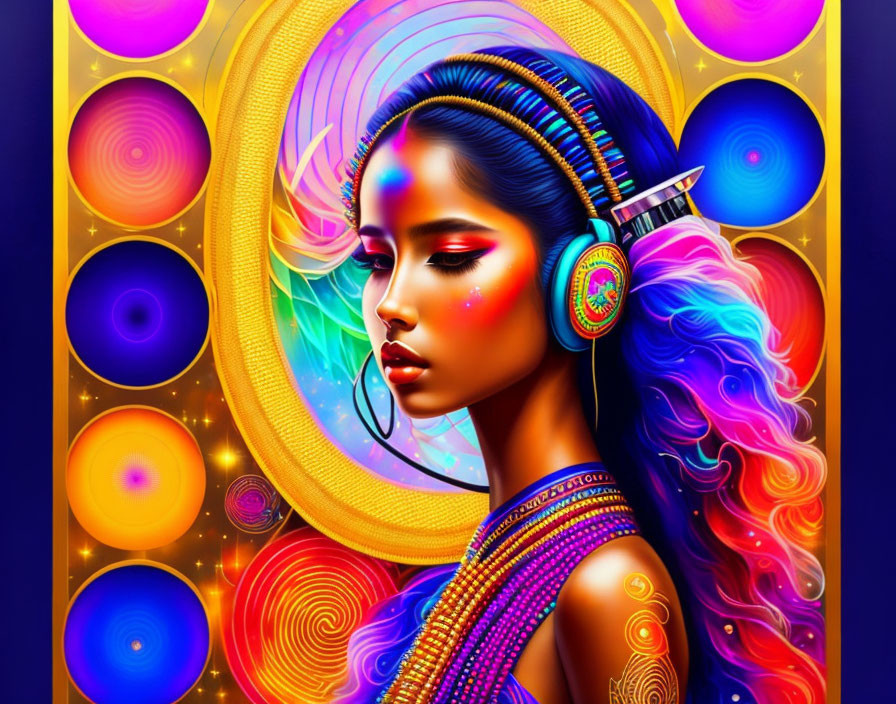 Colorful digital artwork of woman with vibrant makeup and abstract circles.