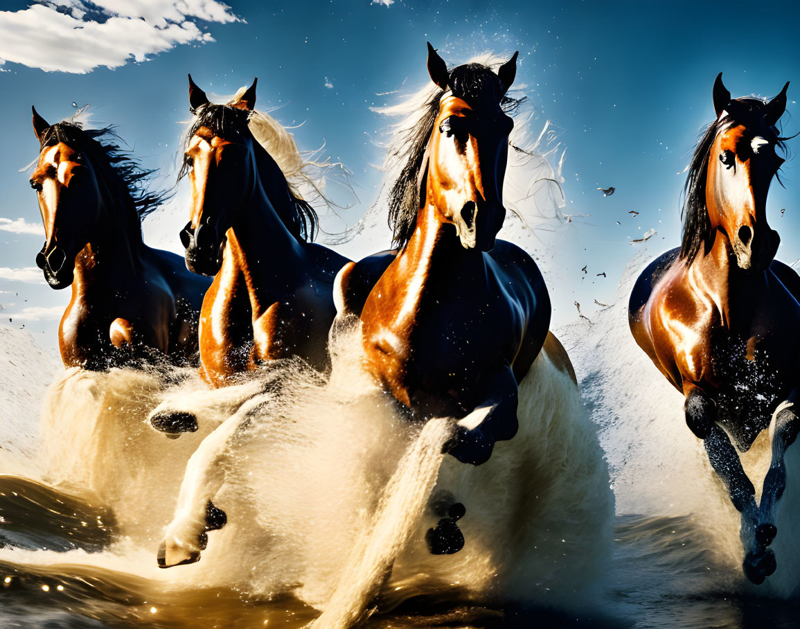 Majestic horses galloping in water under blue sky