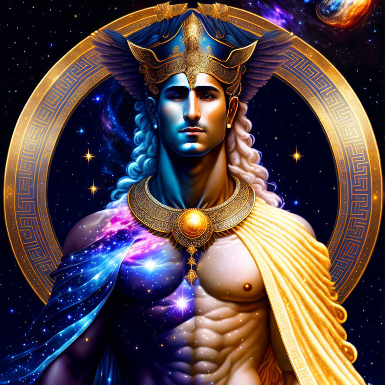 Blue-skinned cosmic deity adorned with golden headdress and jewelry in starry space.