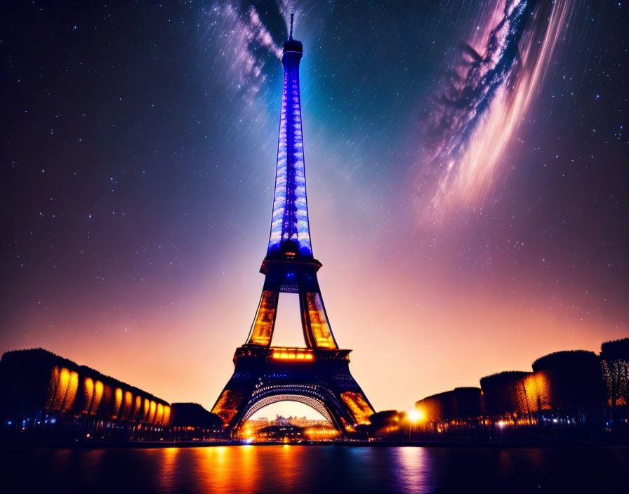 Iconic Eiffel Tower at night with starry sky and galactic swirl.