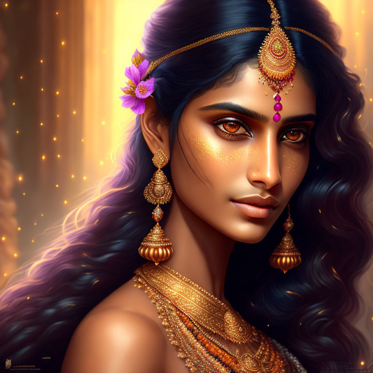 Intricate gold jewelry on woman in digital portrait