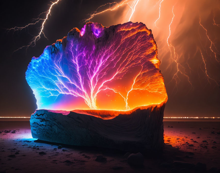 Colorful illuminated geological formation under dramatic lightning-filled sky