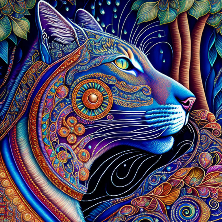 Colorful Psychedelic Cat Artwork with Swirling Patterns and Mystical Gaze