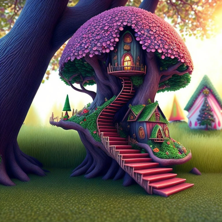 Vibrant fantasy treehouse with pink blossoms & spiraling staircase