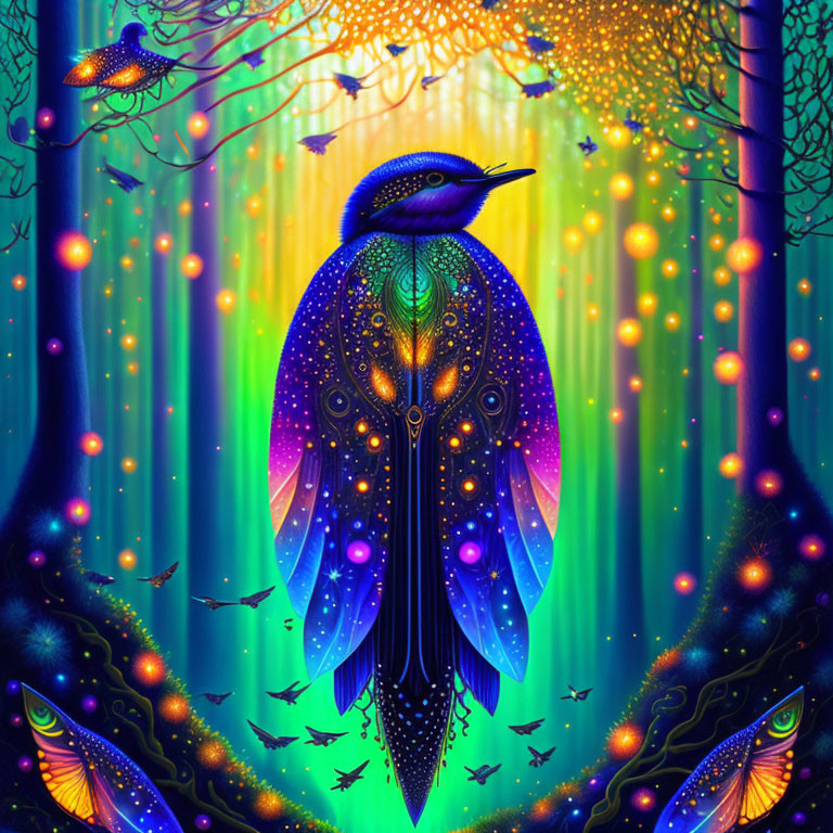 Colorful Peacock with Neon Plumage in Enchanted Forest Scene