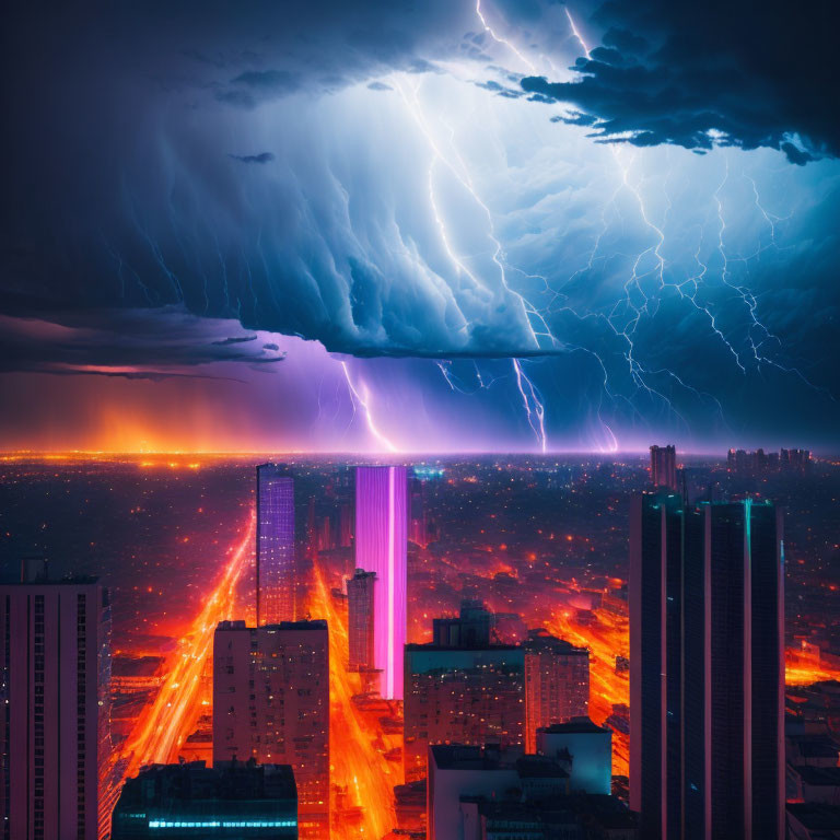 Cityscape illuminated by vivid lightning strikes